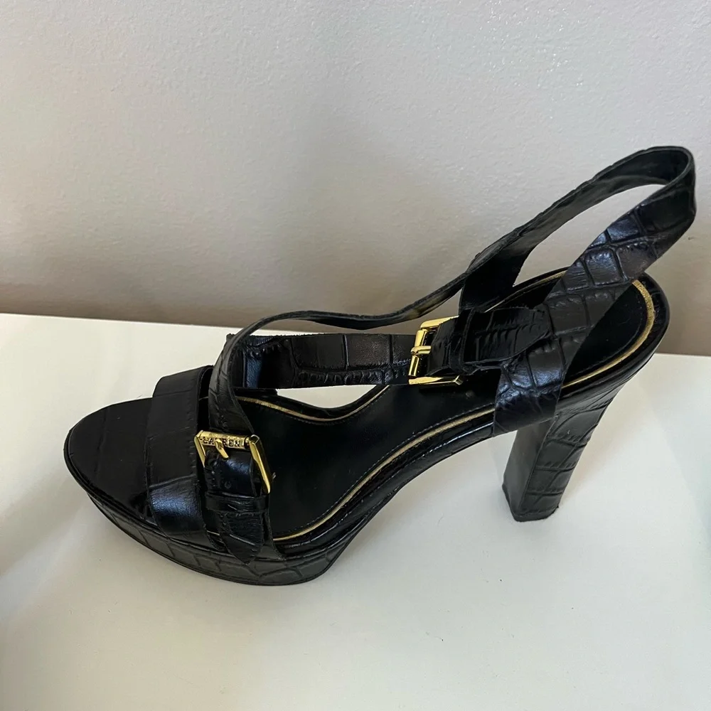 Ralph Lauren Black Croc-Embossed Leather Platform Heels with Gold Buckles